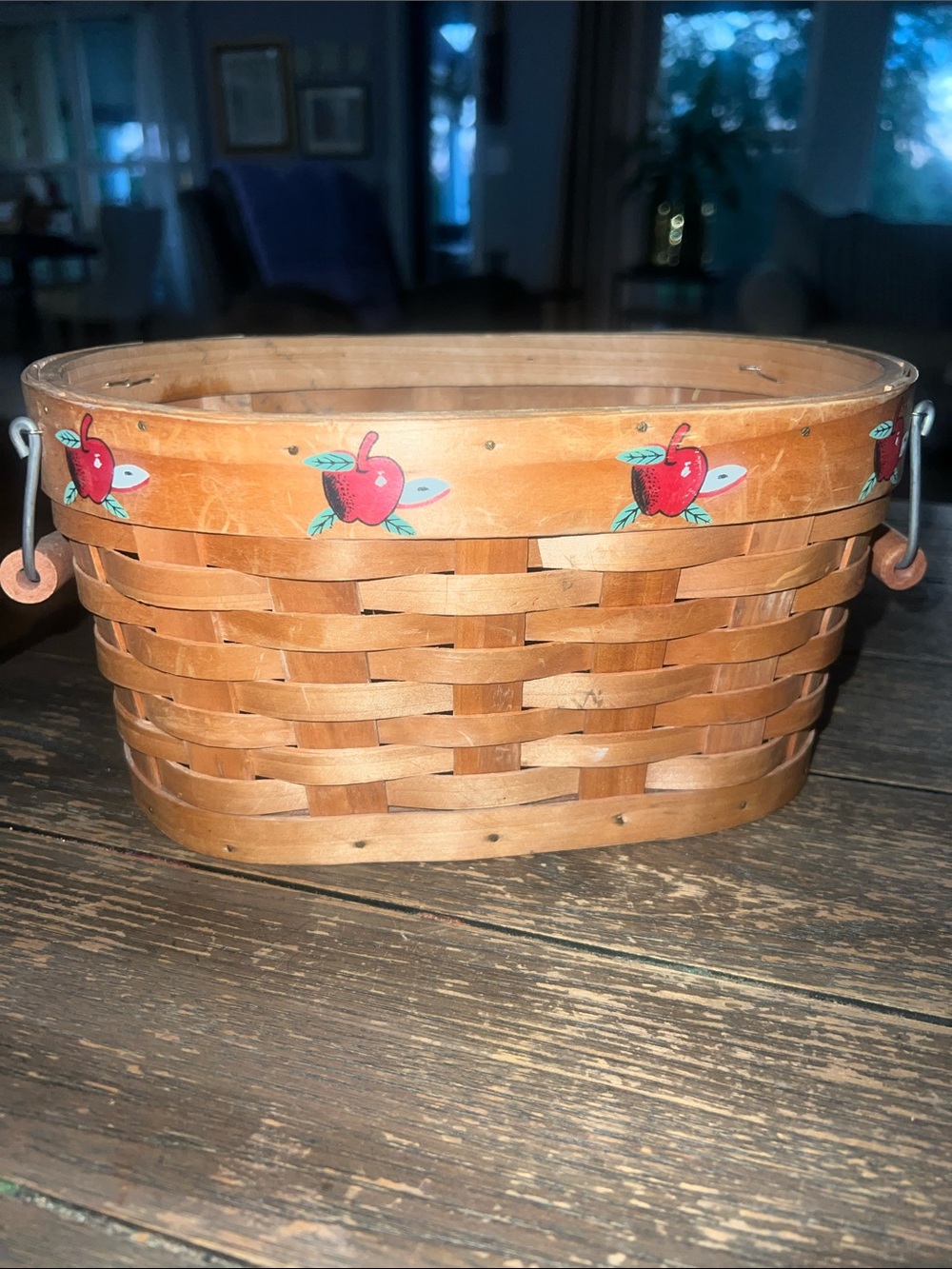 Handwoven Wooden Apple Accent Basket - Brown with Red Apple Trim